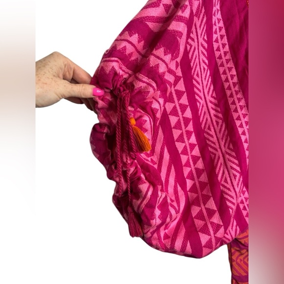Just Bellina Pink Muliprint Boho Beaded Oversized Sleeves Tassle Ties Size XS - Picture 5 of 14